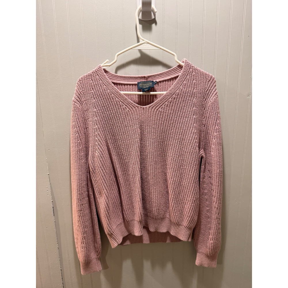 Pendleton Womens Shaker Stitch V-Neck Sweater Pink Cable Knit Sleeve Size Small